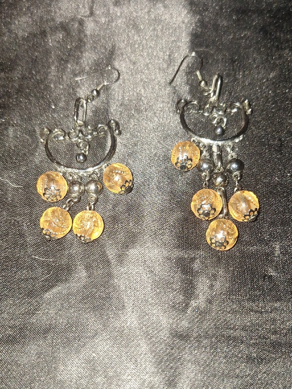 Handcrafted Silver-Tone Earrings with Amber Glass Beads